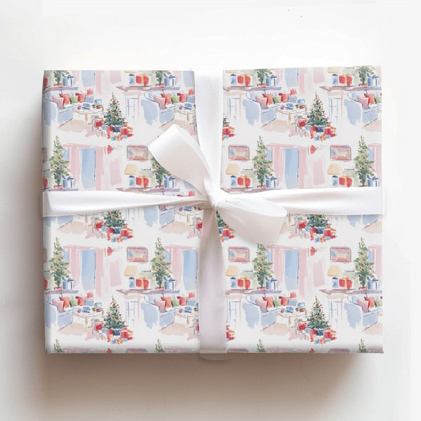 Comfy Watercolor Holiday Gift Wrap, Christmas Living Room Wrapping Paper, Festive Xmas Home Gift Wrapping Paper, Winter Tree 