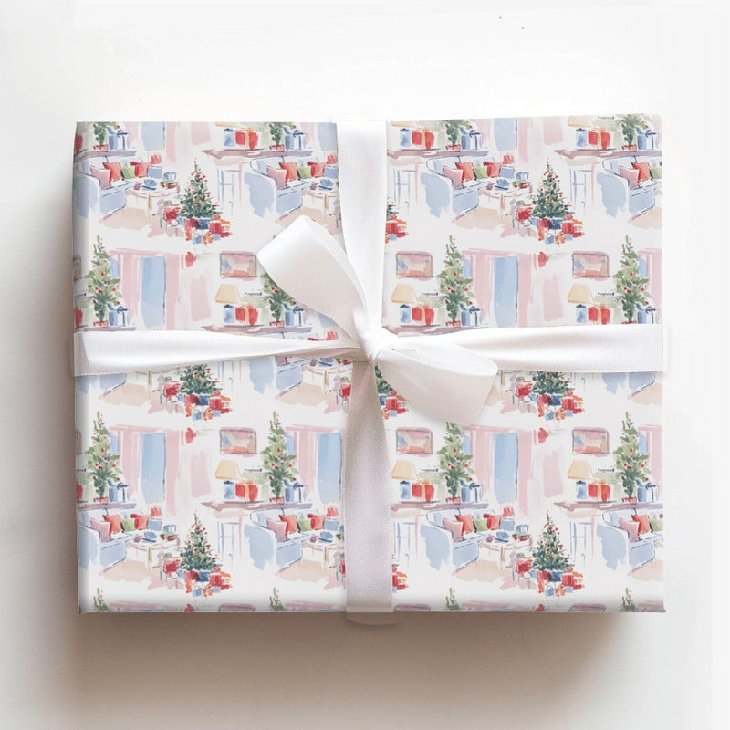 Comfy Watercolor Holiday Gift Wrap, Christmas Living Room Wrapping Paper, Festive Xmas Home Gift Wrapping Paper, Winter Tree Present Wrap