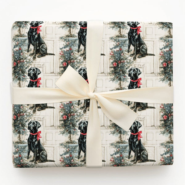 Dog with Tree Holiday Gift Wrap, Black Labrador Christmas Wrapping Paper, Watercolor Pet Wrapping Paper, Dog Lover Xmas Prese