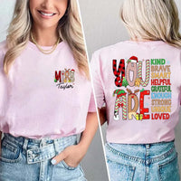 Custom Name Holiday Educator Shirt, Personalized Christmas Teacher T-Shirt, Two Sided Festive Graphic Tee, Xmas Teacher Season Present