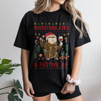 Humorous Christmas Wine Shirt, Overstimulated & Festive AF Sloth T-Shirt, Sarcastic Holiday Graphic Tee, Festive Sloth Christmas Tee