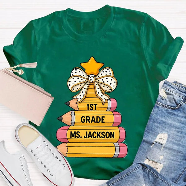 Custom Holiday Teacher T-Shirt, Personalized Christmas Tree Grade Shirt, Festive School Season Graphic Tee, Winter Educator P