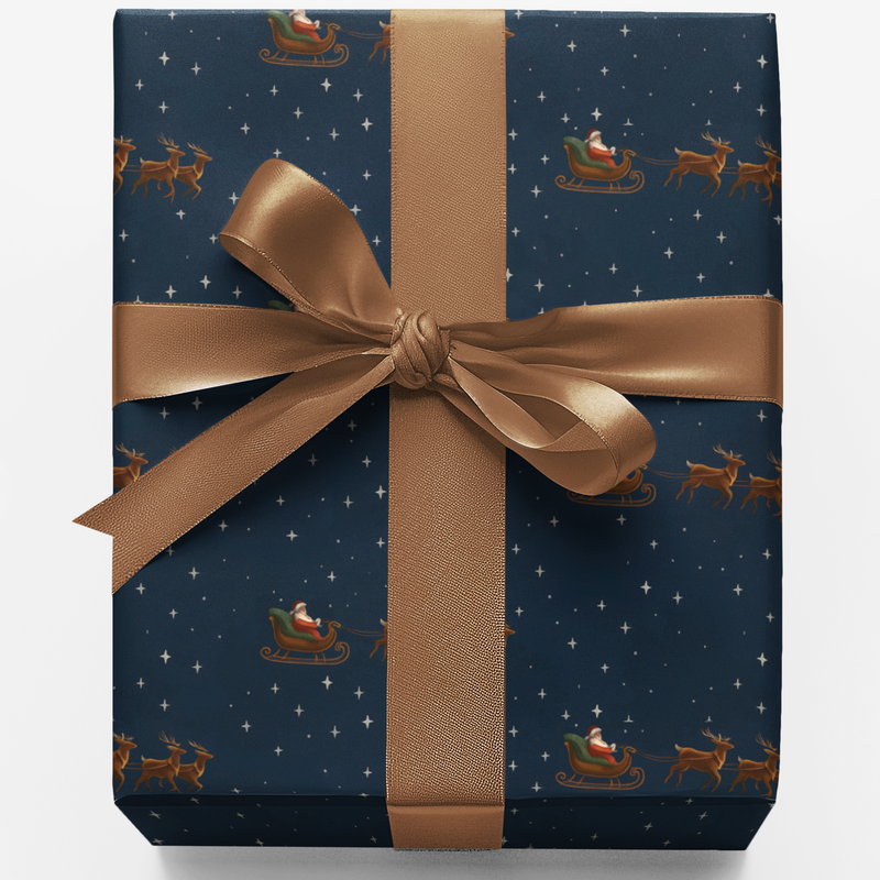 Christmas Gift Wrap, Midnight Blue Santa Sleigh Wrapping Paper, Xmas Present Wrap, Santa Claus Wrapping Paper, Holiday Gift Wrapping Paper