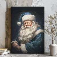 Vintage Winter Holiday Portrait Print, Blue Santa Claus Canvas Wall Art, Rustic Christmas Decor, Nostalgic Father Christmas Art Canvas