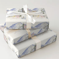 Winter Mountain Village Wrapping Paper, Pink Ski Lodge Wrapping Paper, Watercolor Alpine Holiday Gift Wrap, Christmas Wrapping Paper
