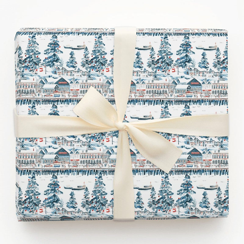 Snowy Harbor Village Gift Wrap, Coastal Christmas Wrapping Paper, Watercolor Nautical Pier Wrapping Paper, Seaside Holiday Gift Wrap Roll
