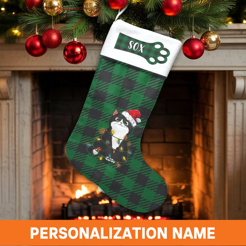 Green Plaid Cat Stocking, Personalized Tuxedo Cat Christmas Stocking, Custom Pet Holiday Stocking, Velboa Mantle Decor, Cat Lover Present Idea
