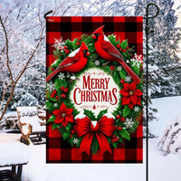 Merry Christmas Buffalo Plaid Wreath Yard Flag, Christmas Cardinal Garden Flag, Double-Sided Winter Bird Lawn Flag, Holiday Home Decor