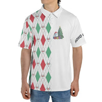Humorous Holiday Argyle Golf Ball Tree Polo Shirt, Christmas Golf Polo Shirt, Festive Xmas Golfer Performance Top, Mens Holiday Present