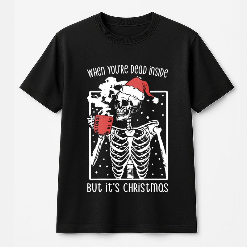 Coffee Drinking Skull Tee, Dead Inside Skeleton Christmas T-Shirt, Sarcastic Goth Holiday Shirt, Humorous Spooky Xmas Present for Men