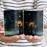 Glowing Lanterns Snowy Pine Trees Coffee Mug, Enchanted Winter Forest Ceramic Mug, Comfy Landscape Tea Cup, Christmas Holiday Present Mug
