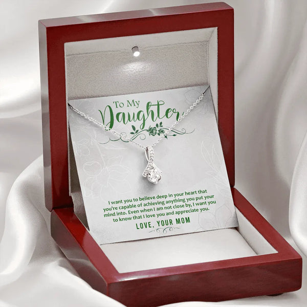 Cubic Zirconia Ribbon Necklace, Daughter Necklace Present from Mom, 14k White Gold Pendant Necklace, Christmas Keepsake Prese