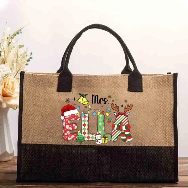 Custom Name Snowflake Holiday Tote Bag, Personalized Christmas Tote Bag, Winter Xmas Cotton Tote Bag, Festive Shopper, Presen