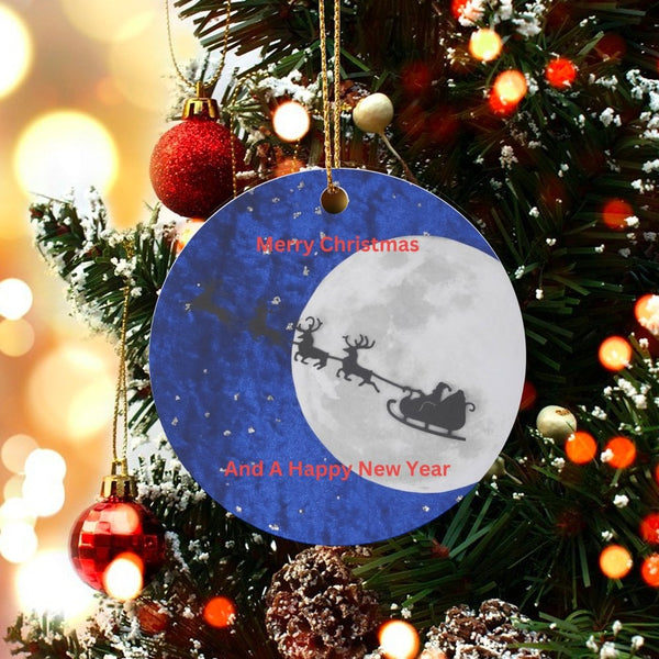 Full Moon Reindeer Silhouette Ornament, Santa Sleigh Christmas Ornament, Glossy Ceramic Tree Ornament, Holiday Keepsake Decor