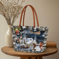 Santa Sleigh and Snowman Tote Bag, Vintage Christmas Scene Tote Bag, Retro Holiday Tote Bag, Winter Shoulder Bag, Festive Xmas Present