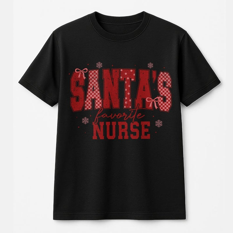 Festive Red Checkerboard Graphic Tee, Santa's Favorite Nurse T-Shirt, Humorous Christmas RN Nursing Student Shirt, Xmas Hospital Tee