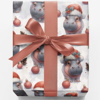 Festive Hippopotamus Gift Wrap, Jolly Hippo Christmas Wrapping Paper, Adorable Animal Holiday Present Paper, Unique Xmas Wrapping Paper Roll