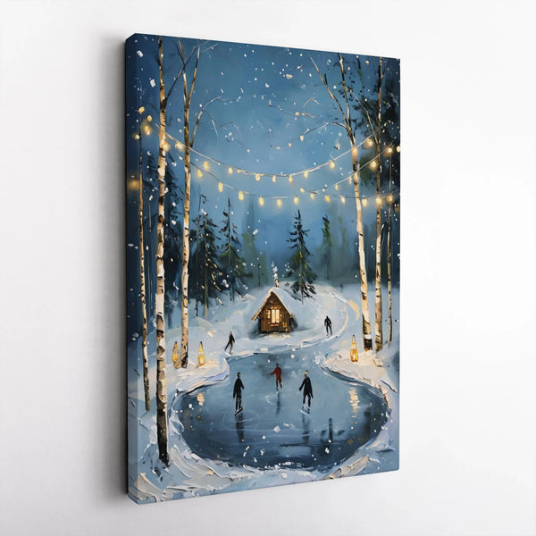 Snowy Forest Cabin Canvas Art, Winter Ice Skating Canvas, String Lights Cottage Canvas Print, Holiday Season Wall Decor, Comf