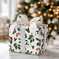 Candy Cane Holly Gift Wrapping Paper, Letter T Monogram Wrapping Paper, Personalized Initial T Christmas Gift Wrap, Holiday Gift Wrap Roll
