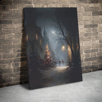 Whimsical Winter Deer Scene Print, Snowy Christmas Village Canvas Wall Art, Glowing Tree Decor, Holiday Canvas Wall Art