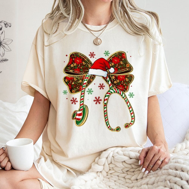 Coquette Bow Stethoscope Shirt, Christmas Nurse T-Shirt, Adorable Healthcare Holiday Tee, RN Medical Graphic T-Shirt, Nurse Christmas Present