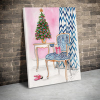 Festive Holiday Room Decor, Watercolor Christmas Tree and Leopard Chair Canvas Wall Art, Preppy Xmas Poster, Winter Seasonal Print