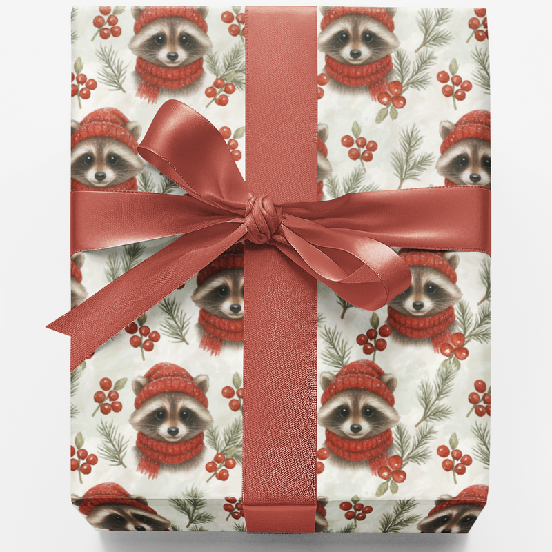 Woodland Animal Holiday Gift Wrap, Christmas Raccoon Wrapping Paper, Adorable Winter Raccoon Wrapping Paper, Festive Botanical Gift Wrap Paper