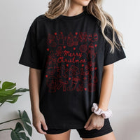 Adorable Holiday Bow Graphic Tee, Merry Christmas Doodles T-Shirt, Festive Doodle Christmas Shirt, Coquette Xmas Tee, Holiday Present for Women