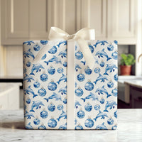 Blue Ornament Holiday Gift Wrap, Coastal Christmas Dolphin Wrapping Paper, Ocean Animal Wrapping Paper, Nautical Xmas Gift Wrapping Paper