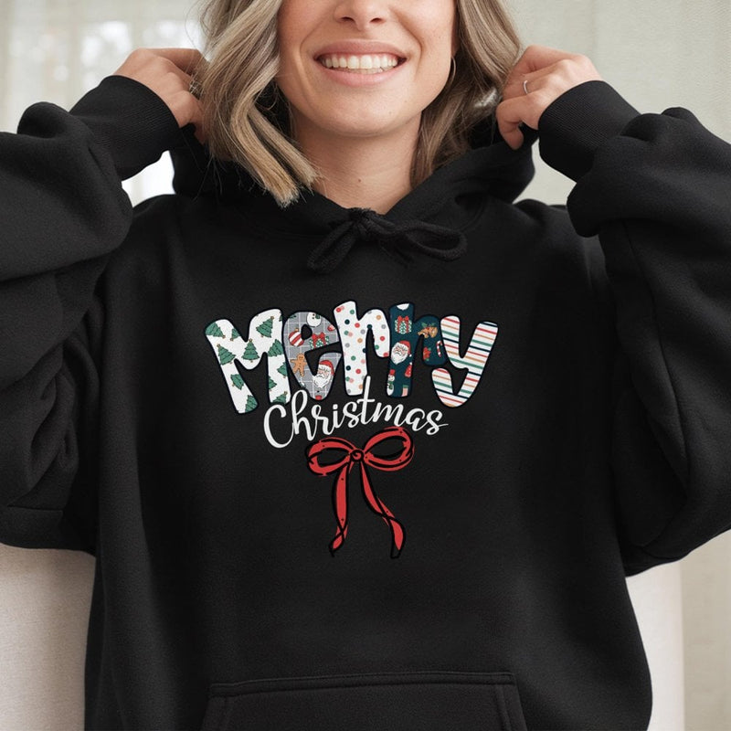 Patterned Lettering Holiday Hoodie, Merry Christmas Hoodie, Festive Winter Graphic Hoodie, Comfy Xmas Pullover Sweatshirt, Holiday Party Present