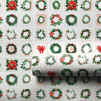 Vintage Christmas Stamp Gift Wrap, Holiday Wreath Poinsettia Wrapping Paper, Floral Botanical Wrapping Paper, Holiday Season Gift Wrap Roll