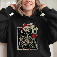 Humorous Holiday Coffee Sweatshirt, Dead Inside but Jolly Christmas Skeleton Hoodie, Spooky Creepy Xmas Pullover, Skeleton Coffee Lover Sweater