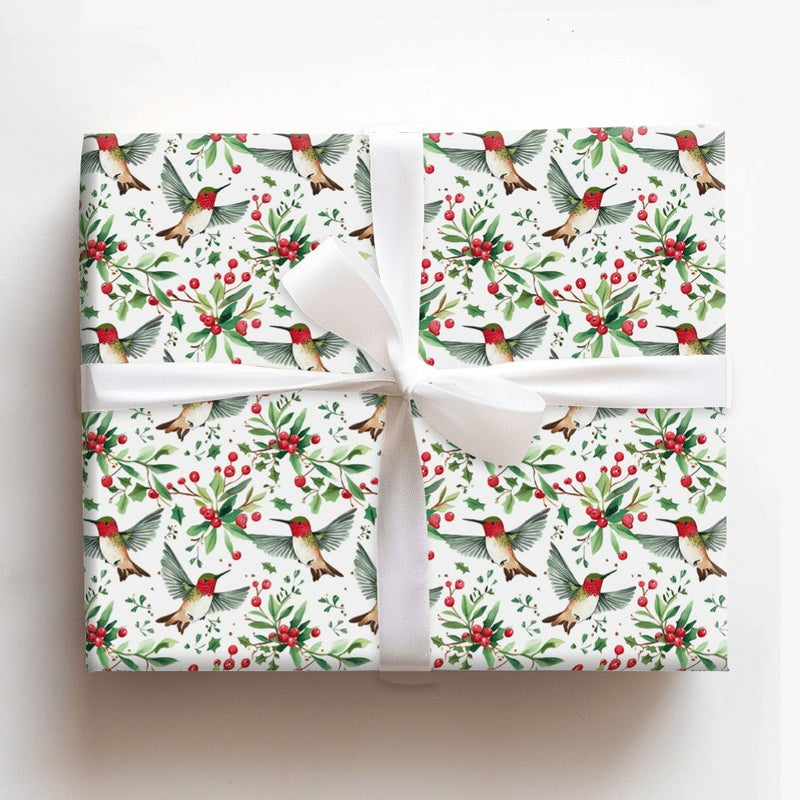 Holly Berry Holiday Gift Wrap, Christmas Hummingbird Wrapping Paper, Winter Botanical Gift Wrapping Paper, Festive Nature Bird Gift Wrap