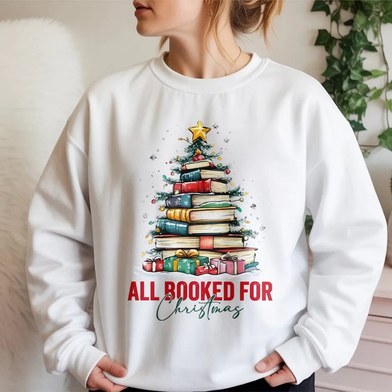 Book Tree Graphic Pullover, All Booked for Christmas Sweatshirt, Bookish Holiday Sweater, Librarian Christmas Crewneck, Book Lover Present