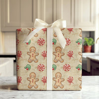 Peppermint Candy Gift Wrap, Watercolor Gingerbread Man Wrapping Paper, Vintage Holiday Wrapping Paper, Traditional Christmas Gift Wrap Roll