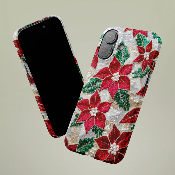 Textured Sequin Pearl Floral Phone Cover, Christmas Poinsettia iPhone Case, Dual Layer Tough Case, Holiday Season Phone Case,