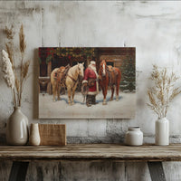 Western Christmas Wall Art, Cowboy Santa Canvas Print, Rustic Barn and Horses Canvas, Holiday Country Wall Decor, Western Holiday Art Present