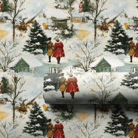 Reindeer Cabin Winter Gift Wrap, Vintage Snowy Village Christmas Wrapping Paper, Watercolor Town Holiday Wrapping Paper, Retro Gift Wrap