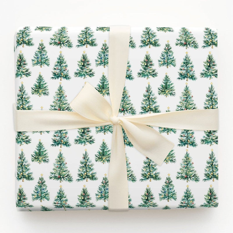 Festive Pine Tree Gift Wrap, Watercolor Christmas Tree Wrapping Paper, Colorful Ornament Christmas Wrapping Paper, Holiday Gift Wrap Roll