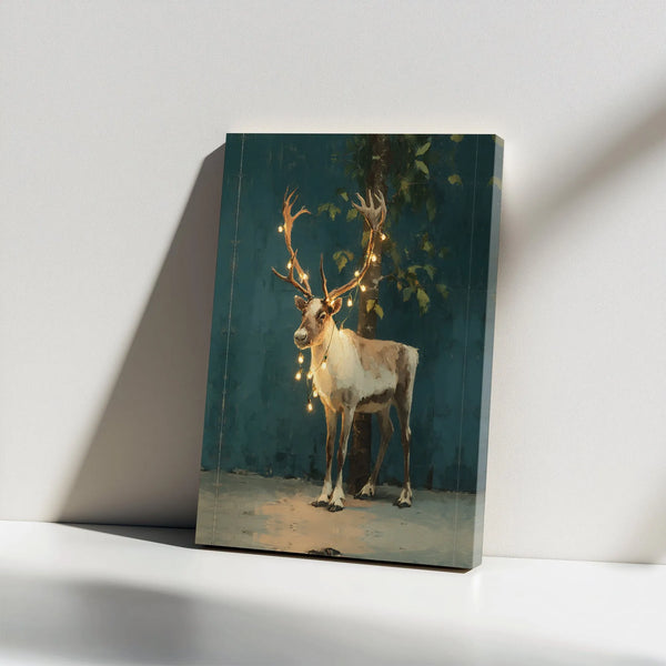 Whimsical Winter Forest Canvas Print, Christmas Reindeer with Fairy Lights Canvas Wall Art, Festive Holiday Wall Decor, Xmas 