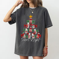 Humorous ICU Nurse Christmas Tree Shirt, Silent Night Medical Vials T-Shirt, Hospital Staff Holiday Graphic Tee, Healthcare Xmas T-Shirt