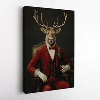 Gentleman Stag Red Suit Canvas Wall Art, Dapper Reindeer Canvas Print, Christmas Deer Portrait Canvas, Holiday Wall Decor, Winter Xmas Present