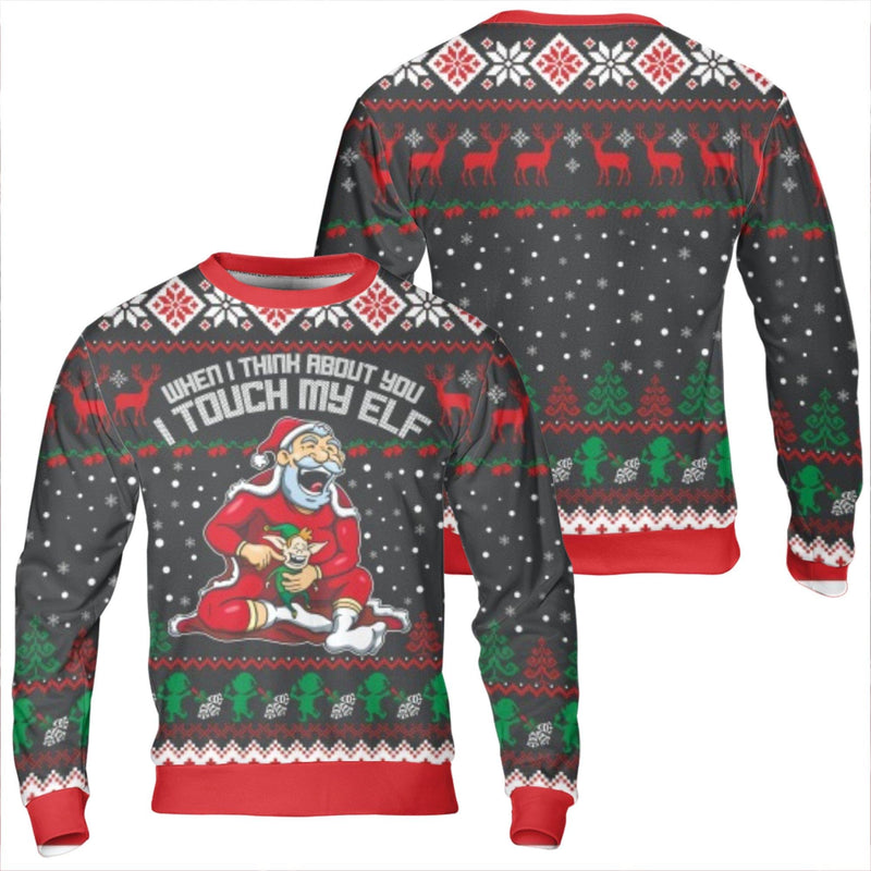 Adult Humor Holiday Sweater, Humorous Touch My Elf Christmas Sweatshirt, Rude Novelty Xmas Crewneck, Naughty Santa Party Pullover Present for Men