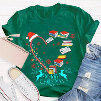 Heart Graphic Tee, Christmas Books Santa Hats Snowflakes T-Shirt, Bookish Holiday Shirt, Adorable Reader Xmas Present