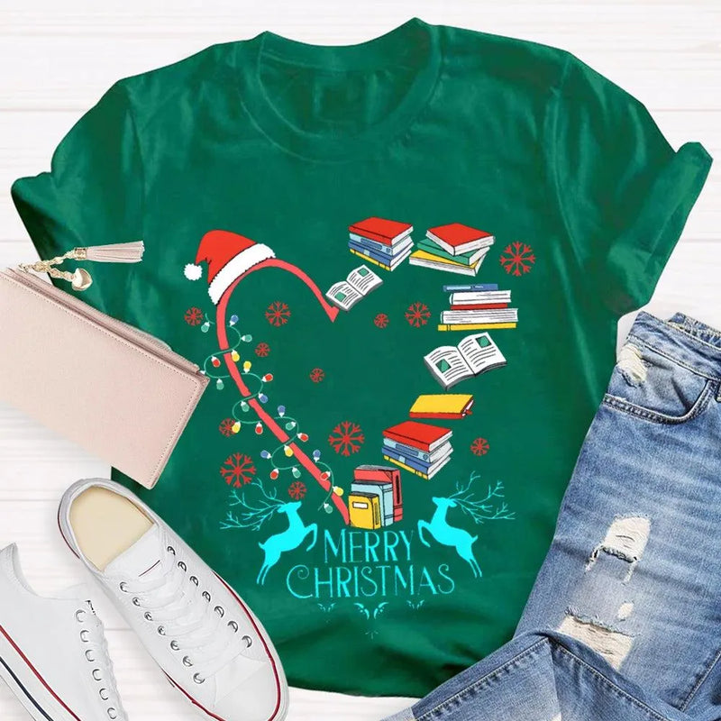 Heart Graphic Tee, Christmas Books Santa Hats Snowflakes T-Shirt, Bookish Holiday Shirt, Adorable Reader Xmas Present