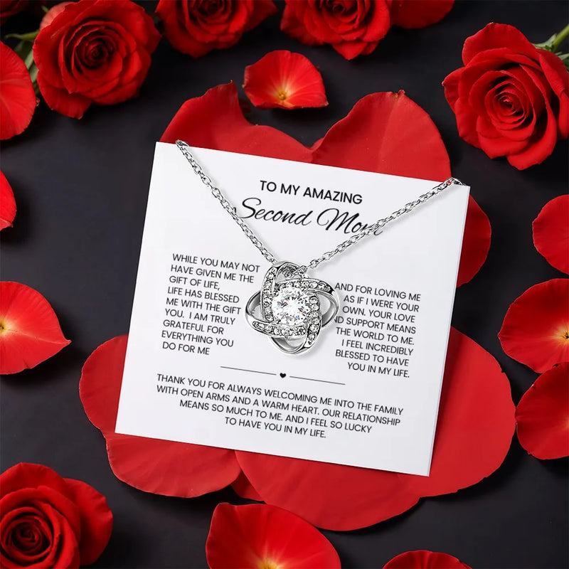 Second Mom CZ Crystal Pendant Necklace, Bonus Mom Love Knot Necklace, White Gold Finish Knot Necklace, Christmas Present for Mom