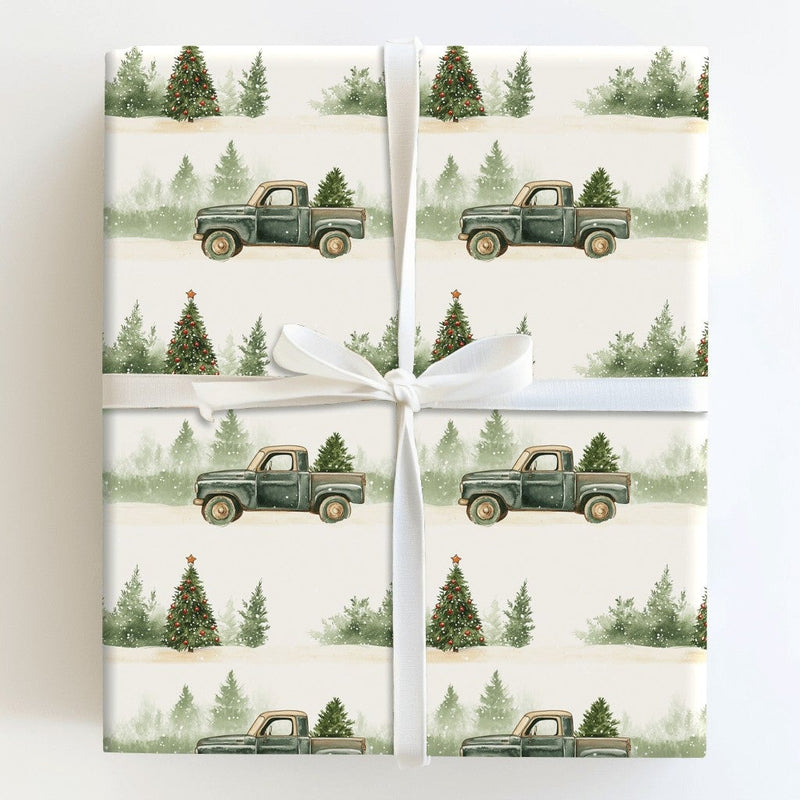 Green Pickup Tree Gift Wrap, Vintage Truck Christmas Wrapping Paper, Rustic Holiday Wrapping Paper, Farmhouse Christmas Present Packaging