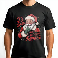 Humorous Book Lover Christmas Shirt, He Sees What You've Been Reading Shirt, Bookish Holiday Graphic Tee, Reader T-Shirt, Book Lover Present
