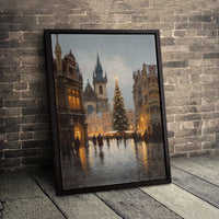 Snowy Old Town Square Canvas Print, Prague Christmas Market Canvas Wall Art, Vintage European City Canvas, Festive Holiday Home Decor Present