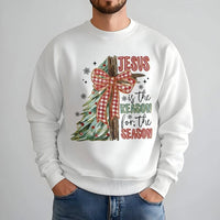 Retro Christmas Cross Crewneck, Jesus Is the Reason for the Season Sweatshirt, Plaid Bow Holiday Sweater, Christian Faith Xmas Pullover